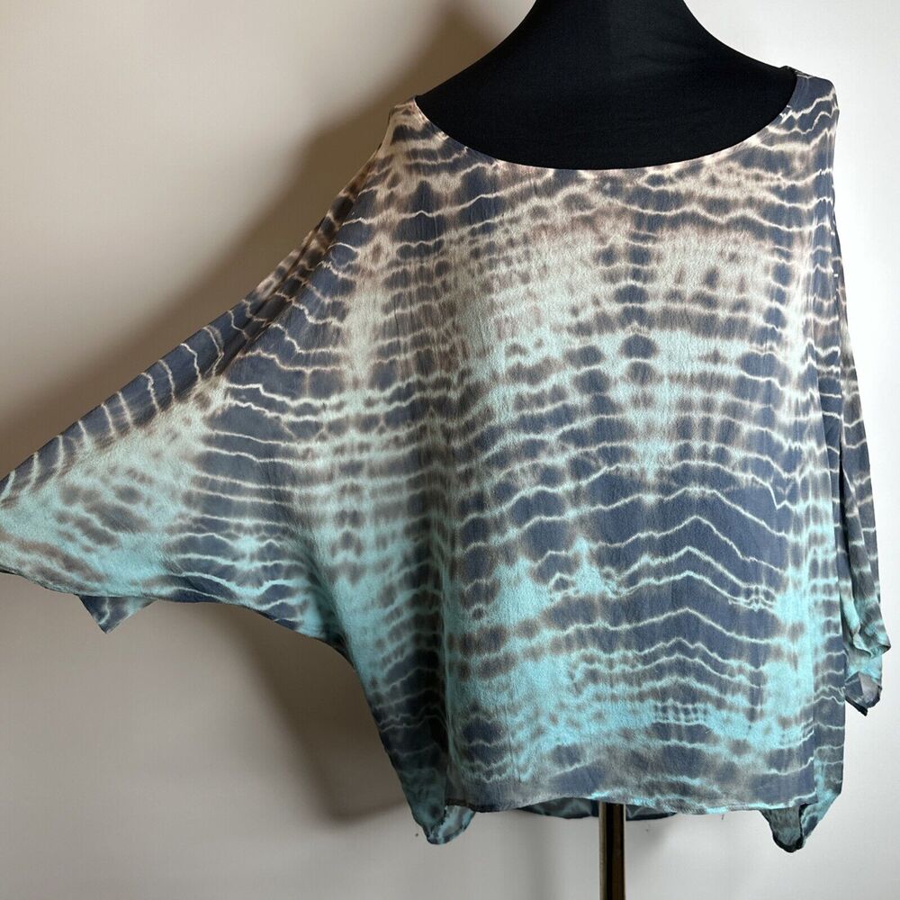 Gypsy 05 Silk Boat Neck Dolman Sleeve Blouse Size S Blue Tie Dye High Low Boho